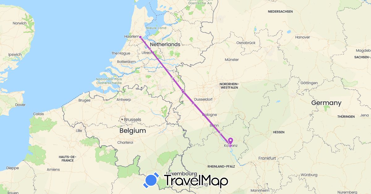 TravelMap itinerary: train, boat in Germany, Netherlands (Europe)